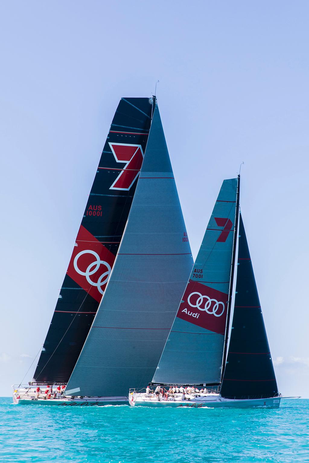 Seeing double: supermaxi Wild Oats XI towers over the smaller Wild Oats X at Audi Hamilton Island Race Week 2017 © Andrea Francolini http://www.afrancolini.com/