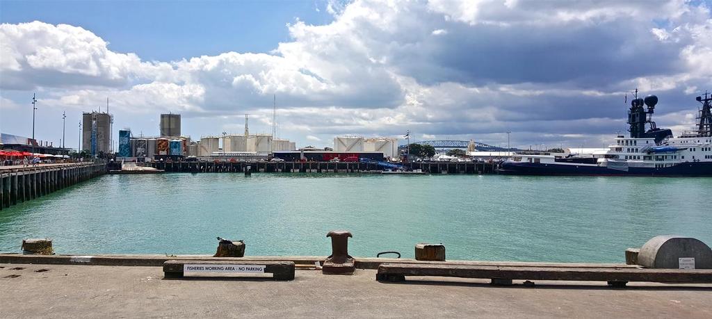 Under the Auckland Council’s preferred option, America’s Cup bases S1, S2 and S3 will be located against the silos in the Bulk Storage Terminal, with the sea plane and ferry re-located. © Mike Leyland