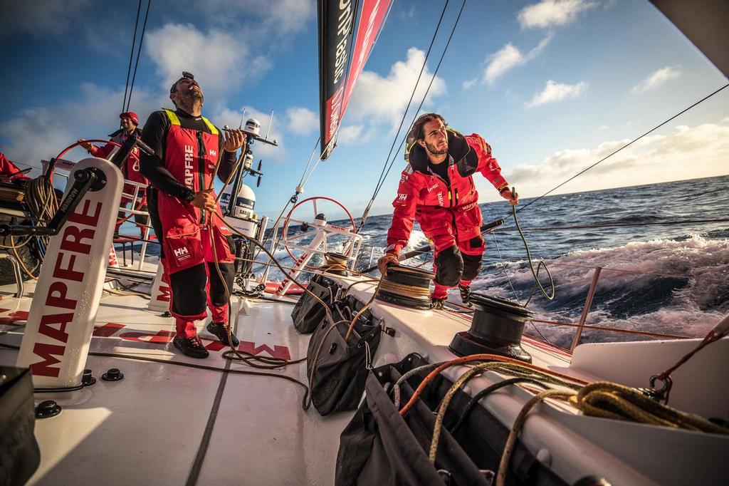 Leg 02, Lisbon to Cape Town, day 14, on board MAPFRE Xabi Fernandez and Blair Tuke trimming. Photo by Ugo Fonolla/Volvo Ocean Race. 18 November, 2017 photo copyright Volvo Ocean Race http://www.volvooceanrace.com taken at  and featuring the  class
