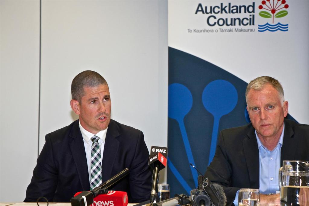 ATEED&rsquo;s Steve Armitage and Panuku Development&rsquo;s Rod Marler front the media after the Council Workshop. photo copyright Richard Gladwell www.photosport.co.nz taken at  and featuring the  class