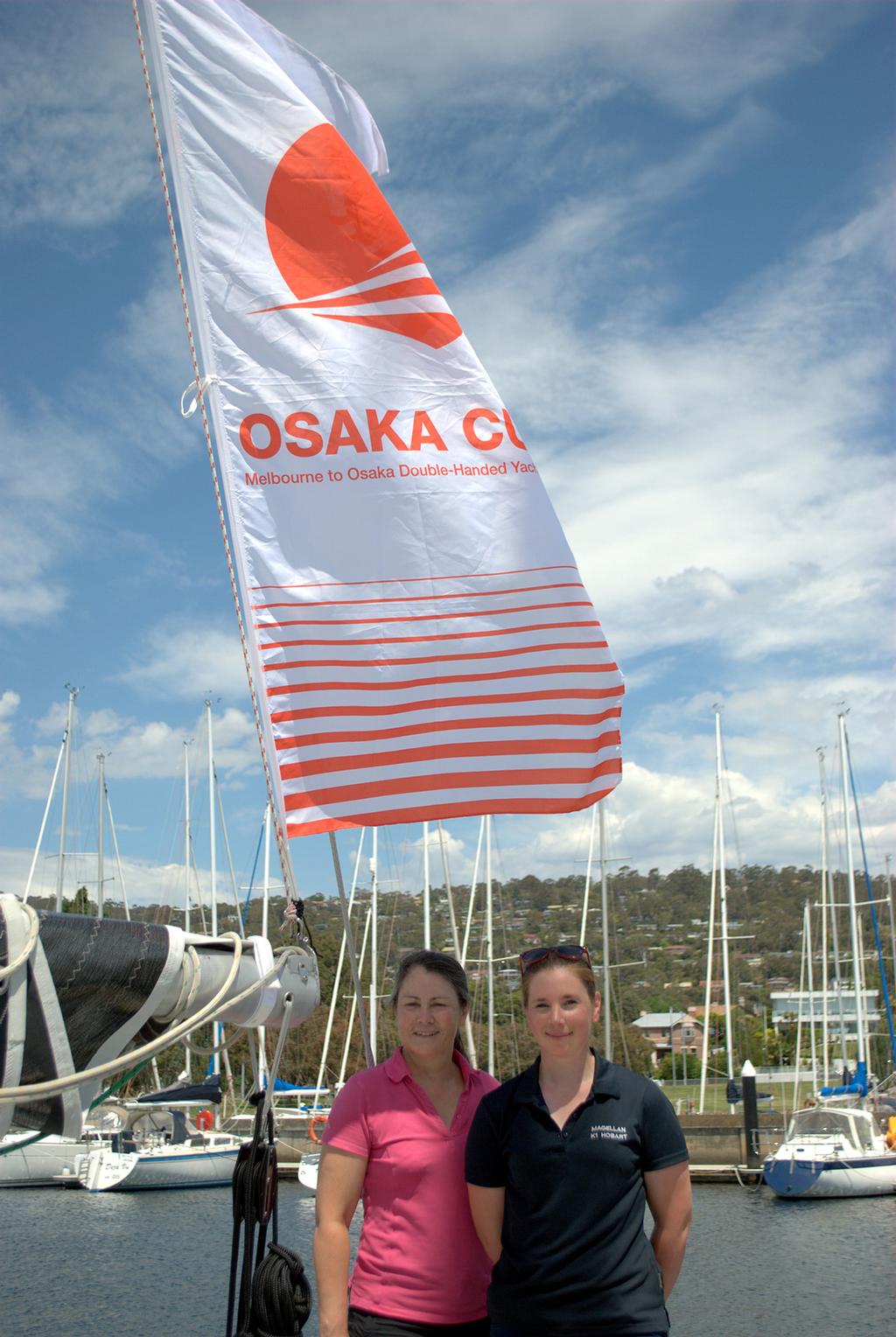 All women crew of Morning Star, Joanna Harpur (left) and Jo Breen with the Osaka Cup flag. © SW