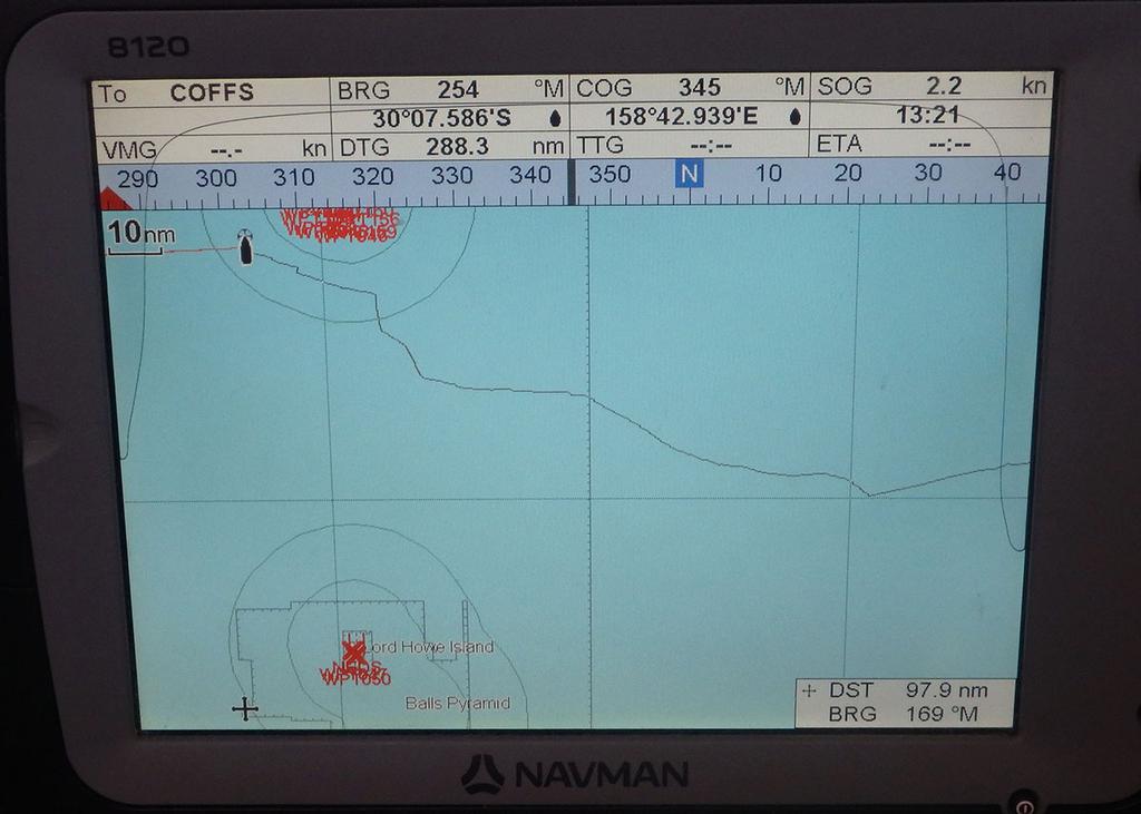 Our track over 4 days of battling the ECL – we were heading towards Lord Howe (and Newcastle), the Southern-most waypoint on the chart plotter image, but finished up North-East of Middleton and Elizabeth Reefs. New destination – Coffs Harbour! ©  Kristen Anderson