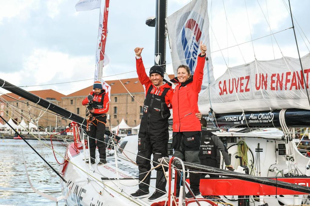 Initiatives-CÅ“ur, skippers Tanguy de Lamotte and Samantha Davies leaving pontoon, during start of the Transat Jacques Vabre 2017, duo sailing race from Le Havre (FRA) to Salvador de Bahia (BRA) in Le Havre on November 5th, 2017 - Photo Vincent Curutchet / ALeA / TJV17 ©  Vincent Curutchet / ALeA / TJV