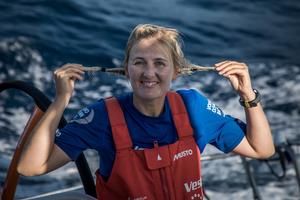 Day 9, Leg 2, Lisbon to Cape Town, on board Vestas 11th Hour. 13 November, 2017. Jena crosses the equator for the first and she already knows taht she will loose some hairs – Volvo Ocean Race photo copyright  Martin Keruzore / Volvo Ocean Race taken at  and featuring the  class