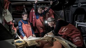 Day 3, Leg 2, Lisbon to Cape Town, on board Vestas 11th Hour. sail repair down below after an heavy night. 07 November, 2017 – Volvo Ocean Race photo copyright  Martin Keruzore / Volvo Ocean Race taken at  and featuring the  class