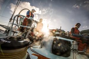 Day 12, Leg 2, Lisbon to Cape Town, on board Vestas 11th Hour. Charlie Enright and Mark Towill pushing the boat faster as they can this morning – Volvo Ocean Race photo copyright  Martin Keruzore / Volvo Ocean Race taken at  and featuring the  class