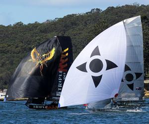 Race 7 – Noakes Youth led Triple M on the spinnaker run from Rose Bay to the wing mark off Clark Island – 18ft Skiffs Spring Championship photo copyright  Frank Quealey / Australian 18 Footers League taken at  and featuring the  class