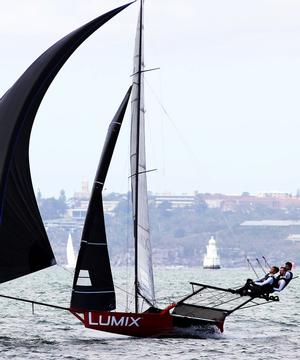 Race 7 – Panasonic Lumix crew drive their skiff to the finish line to take out the 18ft Skiffs Spring Championship photo copyright  Frank Quealey / Australian 18 Footers League taken at  and featuring the  class