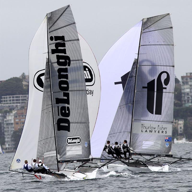 Thurlow Fisher Lawyers and De'Longhi race for fourth place on the spinnaker run during race 4 of the 18ft Skiff NSW Championship photo copyright Frank Quealey taken at Australian 18 Footers League and featuring the 18ft Skiff class