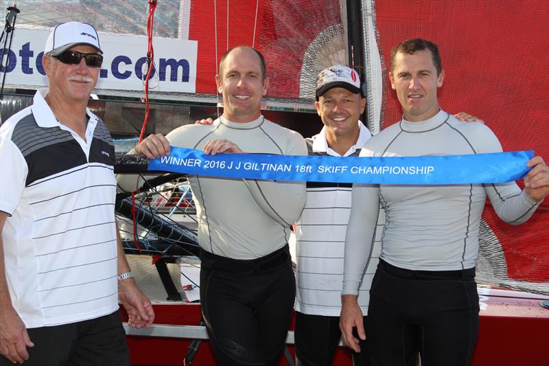 The Smeg crew show the blue ribbon with Smeg's representative Paul Johnson at the 18ft Skiff JJ Giltinan Trophy - photo © Frank Quealey