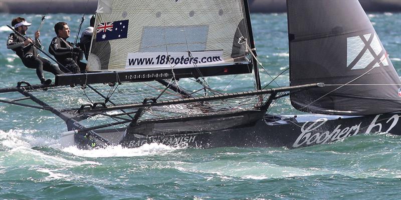 The power of the winning crew as they race to victory in race 3 of the 18ft Skiff NSW Championship photo copyright Frank Quealey taken at Australian 18 Footers League and featuring the 18ft Skiff class