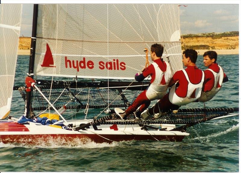 The Hyde 18 (Dave Hall, Paul Constable & Jerome Bakker) in the Solent in 1995 photo copyright Rob Dulson taken at  and featuring the 18ft Skiff class
