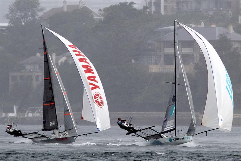 Appliancesonline leads Yamaha to the bottom mark during 18ft Skiff 2017 JJ Giltinan Championship race 3 photo copyright Frank Quealey taken at Australian 18 Footers League and featuring the 18ft Skiff class