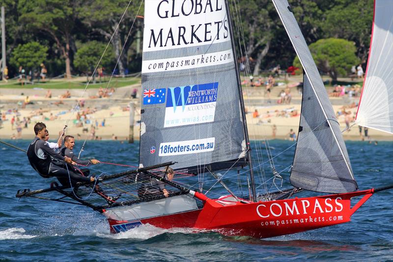 Compassmarkets.com led the fleet down the first spinnaker run during the 18ft Skiff Queen of the Harbour photo copyright Frank Quealey taken at Australian 18 Footers League and featuring the 18ft Skiff class