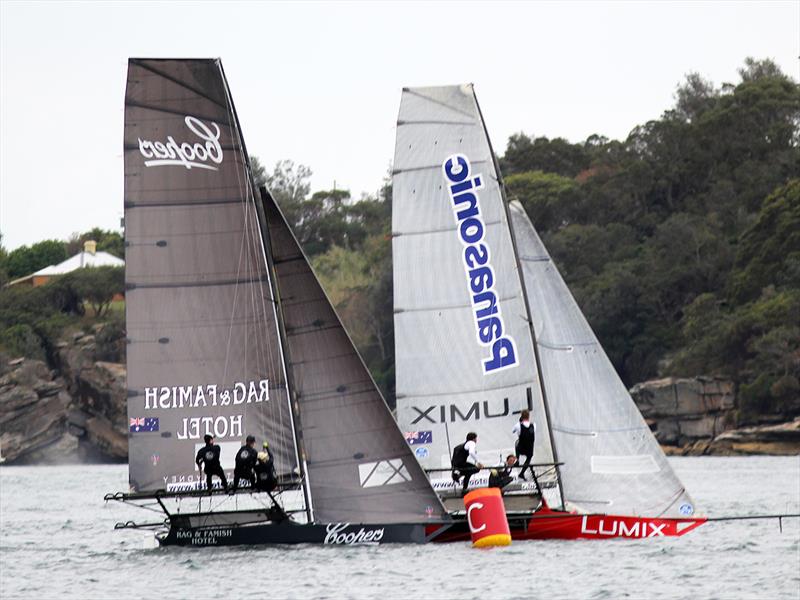 Coopers-Rag and Famish Hotel just headed Panasonic Lumix for second place in Rose Bay during race 3 of the 18ft Skiff Spring Championship in Sydney photo copyright Frank Quealey taken at Australian 18 Footers League and featuring the 18ft Skiff class
