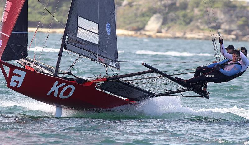 Asko Appliances, minus two of the letters in her name, heads for victory in Race 2 at the 18ft Skiff Australian Championship photo copyright Frank Quealey taken at Australian 18 Footers League and featuring the 18ft Skiff class