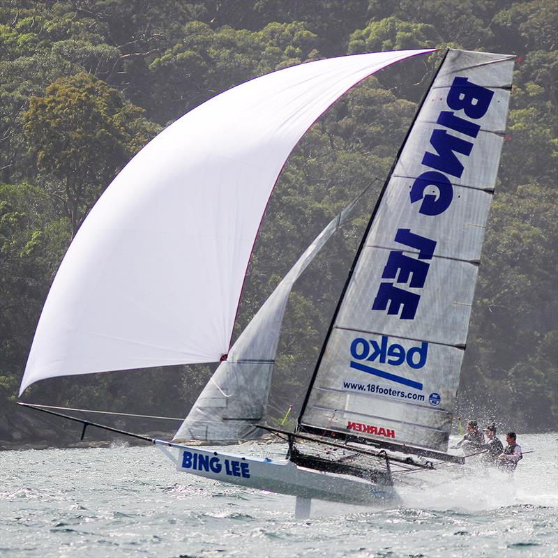 Bing Lee's team at top pace on the spinnaker run down the middle of the harbour during 18ft Skiff NSW Championship race 4 photo copyright Frank Quealey taken at Australian 18 Footers League and featuring the 18ft Skiff class