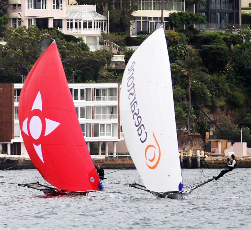 Noakesailing and The Kitchen Maker-Caesarstone shortly after rounding the top mark on day 4 of the 18ft Skiff JJ Giltinan Championship photo copyright Frank Quealey taken at Australian 18 Footers League and featuring the 18ft Skiff class