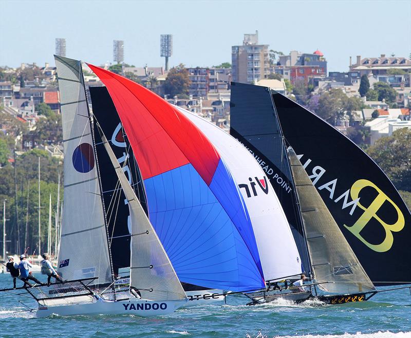 Tight spinnaker action in race 1 of the 18ft Skiff Club Championship on Sydney Harbour photo copyright Frank Quealey taken at Australian 18 Footers League and featuring the 18ft Skiff class