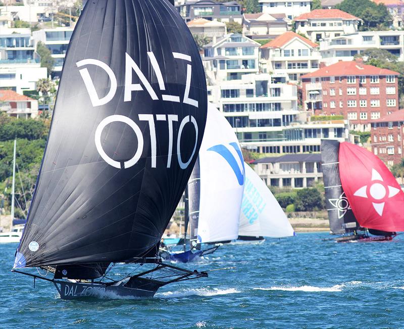 Dal Zotto leads the fleet on the first spinnaker run to the wing mark off Clark Island in race 1 of the 18ft Skiff Club Championship on Sydney Harbour photo copyright Frank Quealey taken at Australian 18 Footers League and featuring the 18ft Skiff class