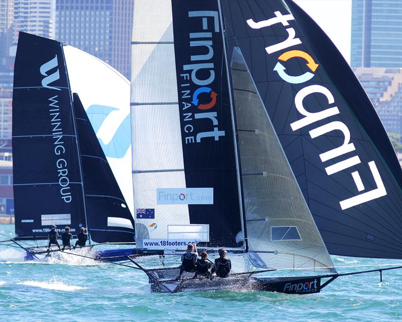 Only a few seconds separated Winning Group and Finport Finance on the second spinnaker run to the bottom mark in race 1 of the 18ft Skiff Club Championship on Sydney Harbour photo copyright Frank Quealey taken at Australian 18 Footers League and featuring the 18ft Skiff class