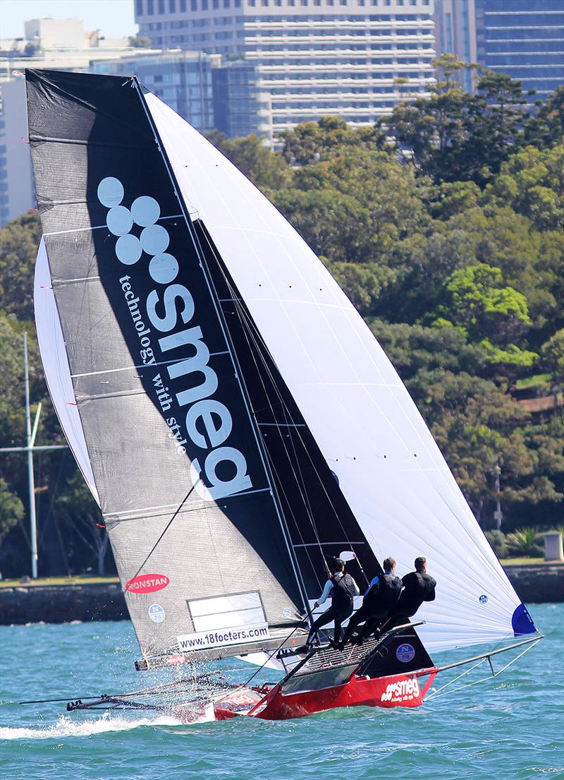 Smeg was well placed early but dropped back in the latter half of race 1 of the 18ft Skiff Club Championship on Sydney Harbour photo copyright Frank Quealey taken at Australian 18 Footers League and featuring the 18ft Skiff class