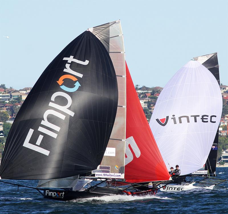 The race for second place, just 100 metres from the finish line in race 6 of the 18ft Skiff Spring Championship on Sydney Harbour photo copyright Frank Quealey taken at Australian 18 Footers League and featuring the 18ft Skiff class