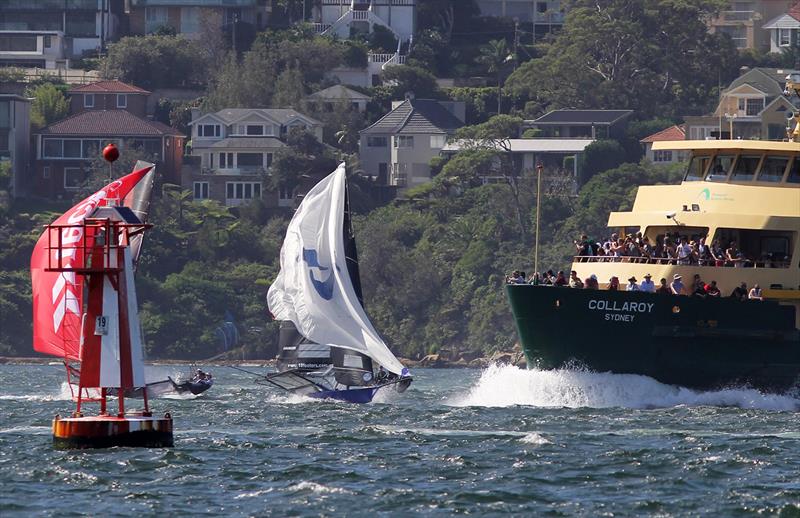 Winning Group and Tech2 forced to avoid a harbour ferry on its way from Manly on day 6 of the 18ft Skiff Australian Championship photo copyright Frank Quealey taken at Australian 18 Footers League and featuring the 18ft Skiff class