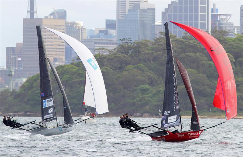 Shaw and Partners and Maersk Line recover from slow starts in race 2 of the 2020 18ft Skiff JJ Giltinan Championship photo copyright Frank Quealey taken at Australian 18 Footers League and featuring the 18ft Skiff class