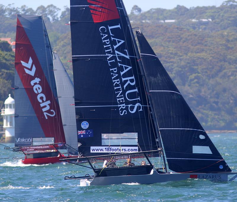 The Australian champion tech2 and the Lazarus Capital Partners rookie teams on the first windward leg during 18ft Skiff Spring Championship Race 7 photo copyright Frank Quealey taken at Australian 18 Footers League and featuring the 18ft Skiff class