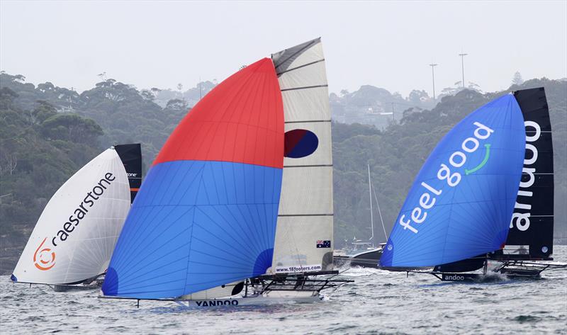Light wind run to the wing mark during Race 1 of the 18ft Skiff NSW Championship photo copyright Frank Quealey taken at Australian 18 Footers League and featuring the 18ft Skiff class