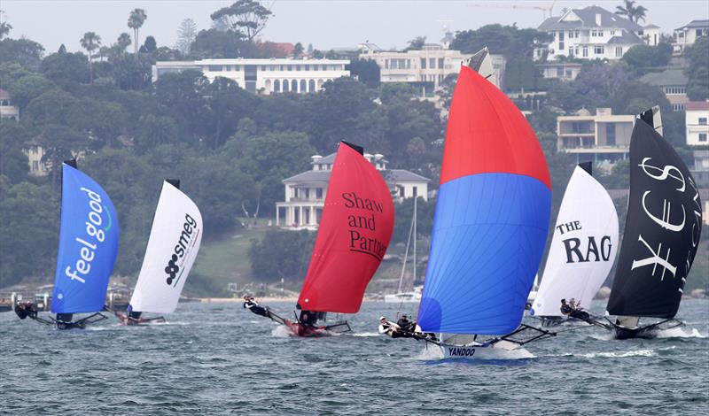 Spinnaker run to the finish line of Race 1 of the 18ft Skiff NSW Championship photo copyright Frank Quealey taken at Australian 18 Footers League and featuring the 18ft Skiff class