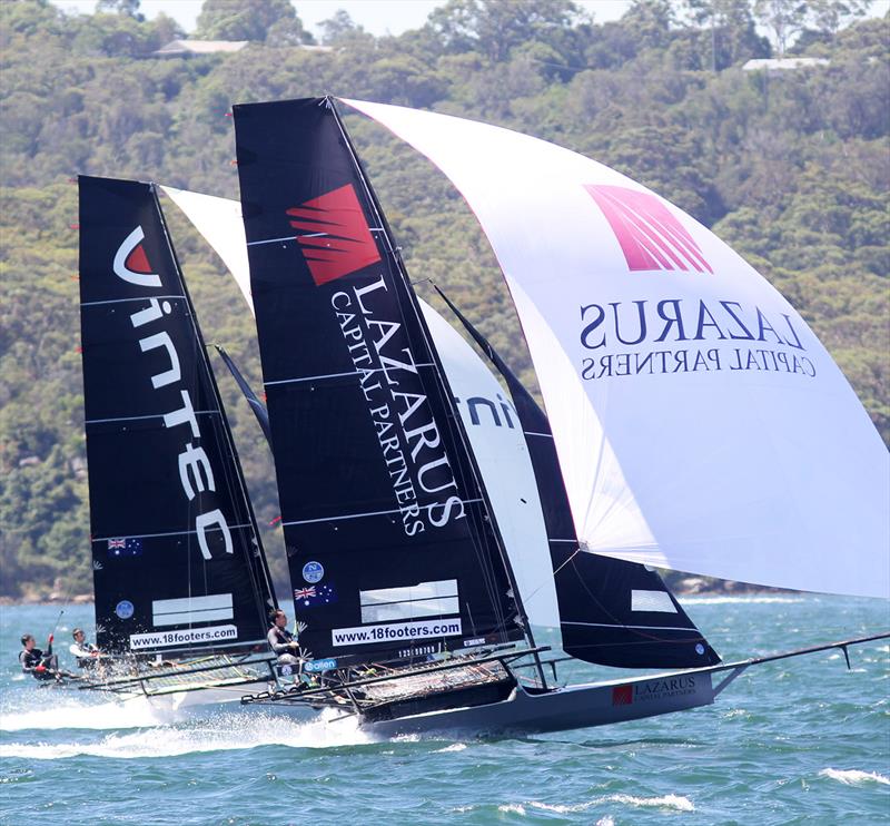 First year teams Lazarus Capital Partners and Vintec show top speed downwind during 18ft Skiff NSW Championship Race 3 photo copyright Frank Quealey taken at Australian 18 Footers League and featuring the 18ft Skiff class