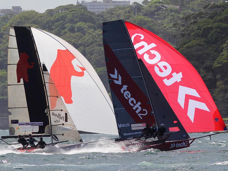 tech2 and Bird and Bear on the first spinnaker run during Race 8 of the 18ft Skiff Australian Championship photo copyright Frank Quealey taken at Australian 18 Footers League and featuring the 18ft Skiff class
