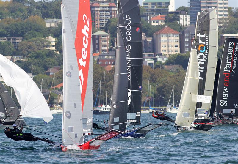 18ft Skiff JJ Giltinan Championship day 2: tech2 leads the fleet at the beginning of the second lap of the course photo copyright Frank Quealey taken at Australian 18 Footers League and featuring the 18ft Skiff class