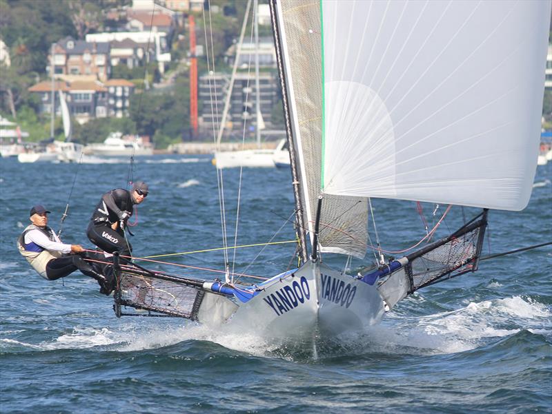 18ft Skiff JJ Giltinan Championship day 2: Yandoo at the finish after an earlier capsize photo copyright Frank Quealey taken at Australian 18 Footers League and featuring the 18ft Skiff class