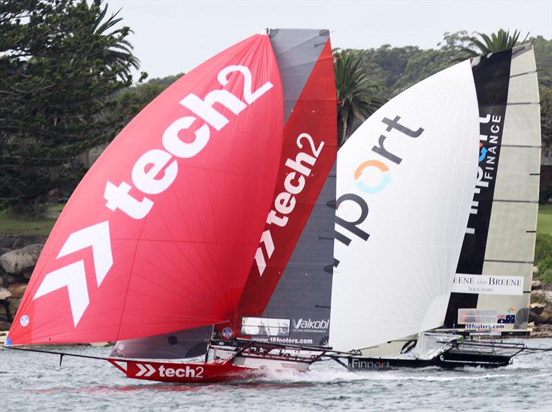18ft Skiff JJ Giltinan Championship day 4: tech2 and Finport Finance on the first spinnaker run in Race 5 photo copyright Frank Quealey taken at Australian 18 Footers League and featuring the 18ft Skiff class