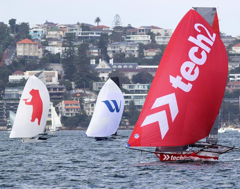 18ft Skiff JJ Giltinan Championship day 4: tech2 heads for the finish line with a big lead over two of her main challengers photo copyright Frank Quealey taken at Australian 18 Footers League and featuring the 18ft Skiff class