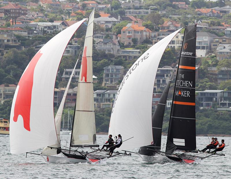 18ft Skiff JJ Giltinan Championship day 4: Close racing between Bird and Bear and The Kitchen Maker-Caesarstone photo copyright Frank Quealey taken at Australian 18 Footers League and featuring the 18ft Skiff class