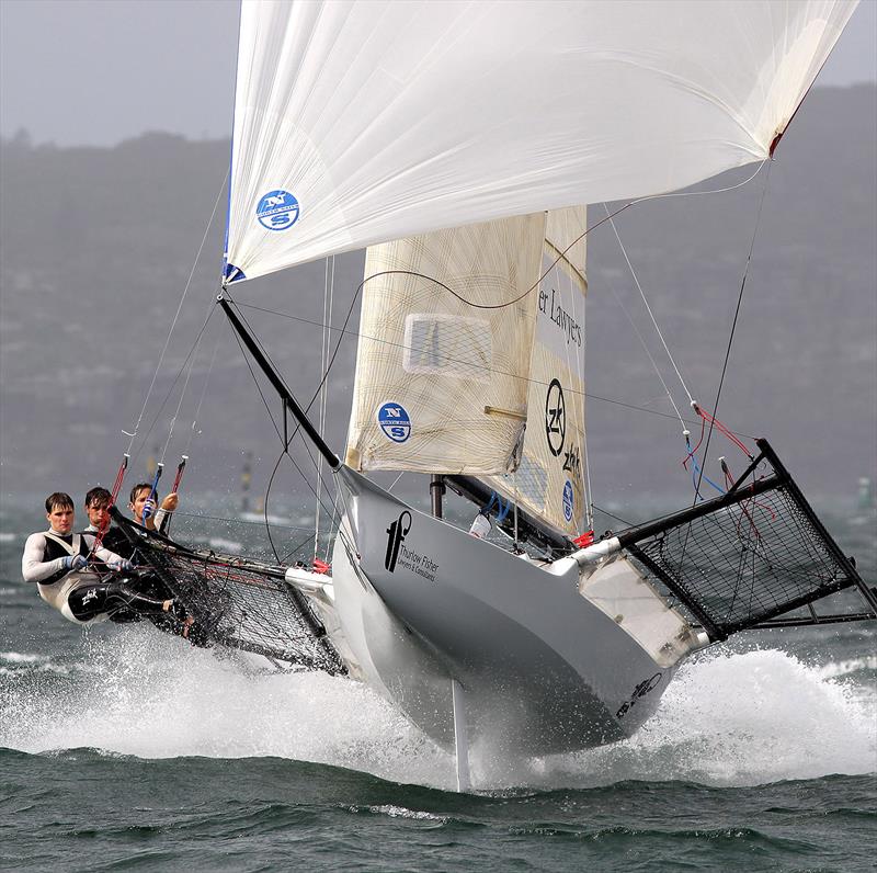 Airborne photo copyright Frank Quealey taken at Australian 18 Footers League and featuring the 18ft Skiff class