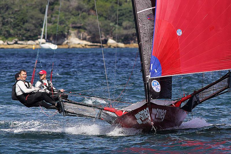 The champion Smeg crew head for home with a 48s lead over Finport during Race 2 of the 18ft Skiff NSW Championship, December 3, 2017 photo copyright Frank Quealey taken at Australian 18 Footers League and featuring the 18ft Skiff class