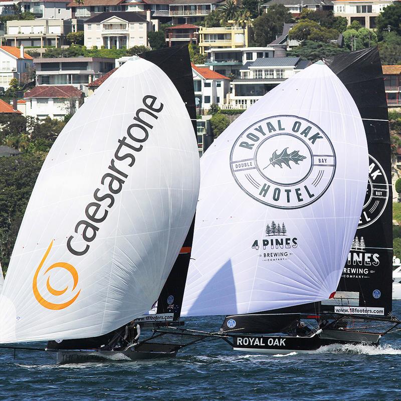 The Kitchn Maker-Caesarstone and The Oak Double Bay-4 Pines lead the fleet down to the wing mark off Clark Island during the final race of the 18ft Skiff Spring Championship photo copyright Frank Quealey taken at Australian 18 Footers League and featuring the 18ft Skiff class