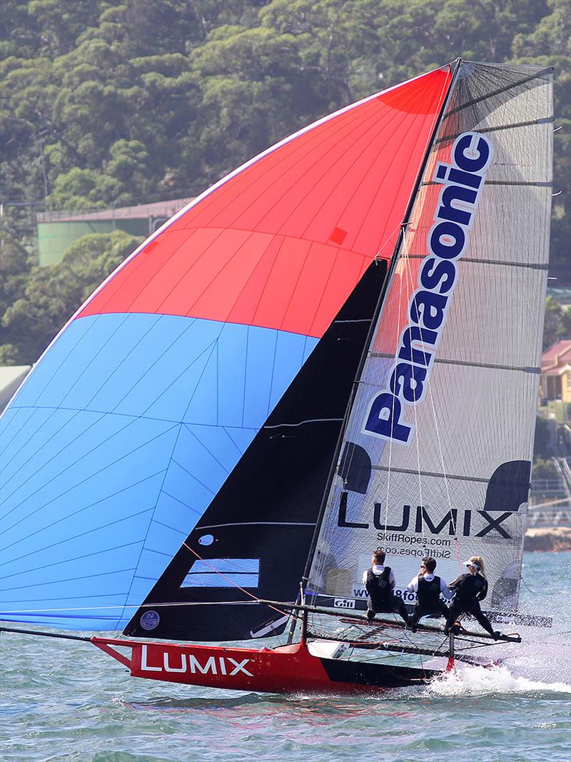 Katie Love's Panasonic Lumix team drive their skiff hard to Athol Bay - Race 16 of the Club Championship photo copyright Frank Quealey taken at Australian 18 Footers League and featuring the 18ft Skiff class