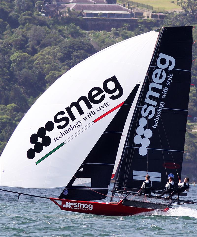 Smeg led early but went under to Winning Group late in the race - Race 16 of the Club Championship photo copyright Frank Quealey taken at Australian 18 Footers League and featuring the 18ft Skiff class