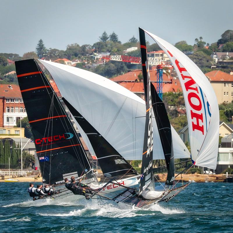 C-Tech and Honda Marine battle for the lead in Race 3 - JJ Giltinan Championship - Sydney Harbour - March 2019 photo copyright Michael Chittenden taken at Australian 18 Footers League and featuring the 18ft Skiff class