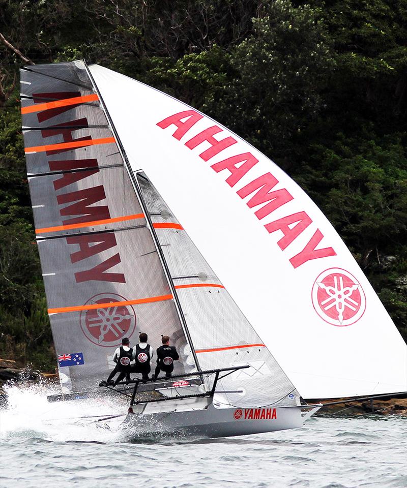 David McDiarmid drives Yamaha downwind in a southerly on Sydney Harbour during an earlier JJ challenge photo copyright Frank Quealey taken at Australian 18 Footers League and featuring the 18ft Skiff class