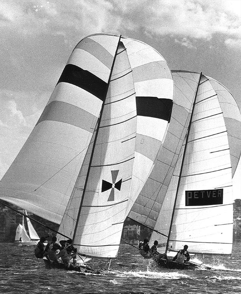 Aussie (maltese cross logo) in typical spinnaker action on Sydney Harbour photo copyright Frank Quealey taken at Australian 18 Footers League and featuring the 18ft Skiff class