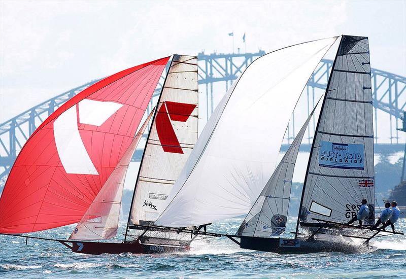 Jarvin leads UK's Greenhalgh to the bottom mark photo copyright Frank Quealey taken at Australian 18 Footers League and featuring the 18ft Skiff class