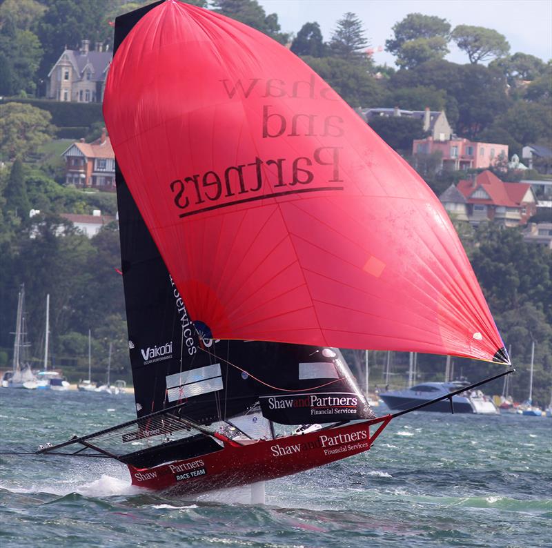 Shaw and Partners had a strong leg into Athol Bay East mark - 18ft Skiff NSW Championship race 4 photo copyright Frank Quealey taken at Australian 18 Footers League and featuring the 18ft Skiff class