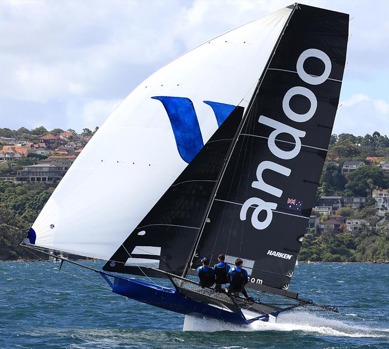 Andoo shows the form that took her to victory in race 1 of the 100th 18ft Skiff Australian Championship photo copyright Michael Chittenden taken at Australian 18 Footers League and featuring the 18ft Skiff class